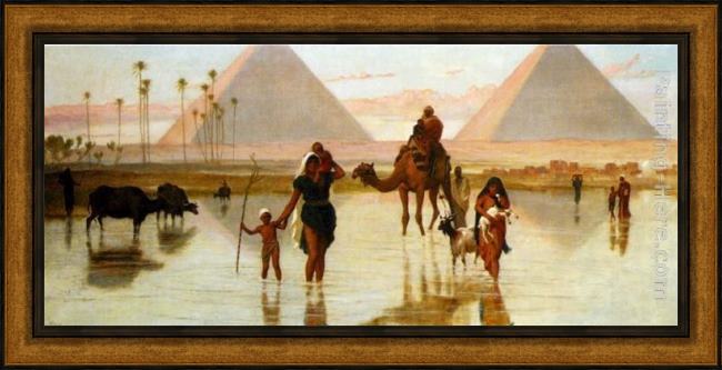 Framed Frederick Goodall arabs crossing a flooded field by the pyramids painting