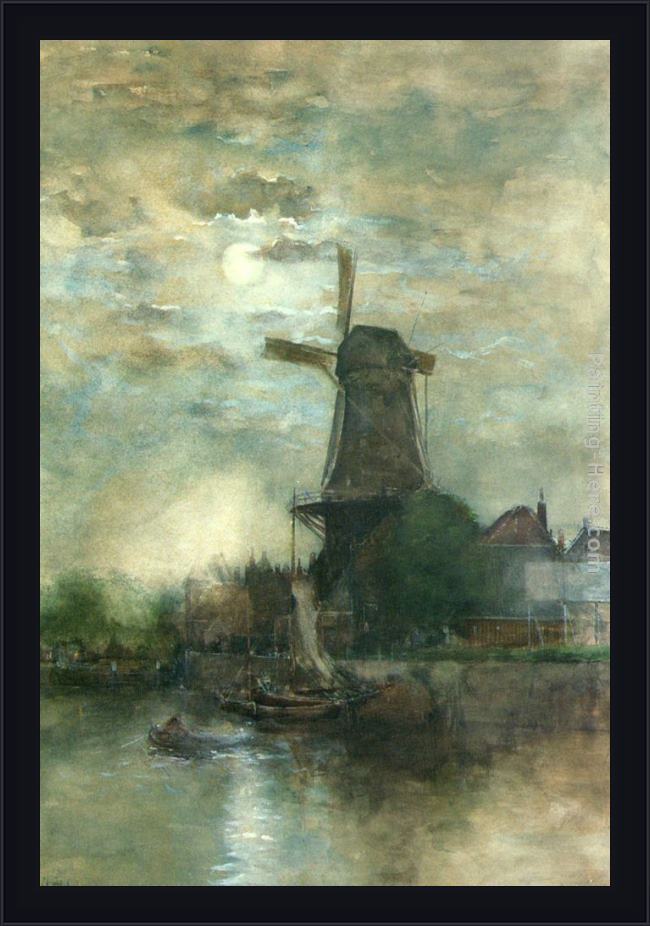 Framed Fredericus Jacobus Van Rossum Chattel a moonlit windmill painting
