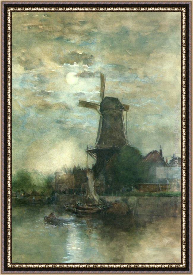 Framed Fredericus Jacobus Van Rossum Chattel a moonlit windmill painting