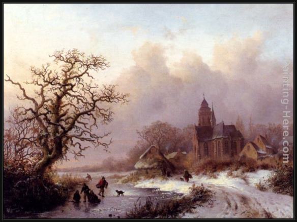 Framed Frederik Marianus Kruseman a frozen winter landscape painting