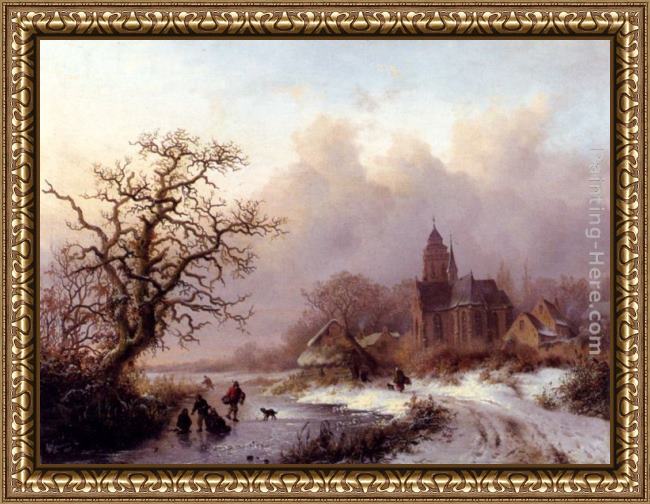 Framed Frederik Marianus Kruseman a frozen winter landscape painting