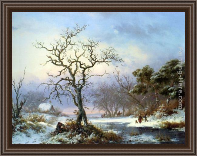 Framed Frederik Marianus Kruseman faggot gatherers in a winter landscape painting