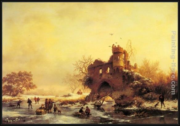 Framed Frederik Marianus Kruseman winter landscape with skaters on a frozen river beside castle ruins painting