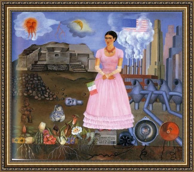 Framed Frida Kahlo fridakahlo-self-portrait-on-the-border-line-between-mexico-and-the-united-states-1932 painting