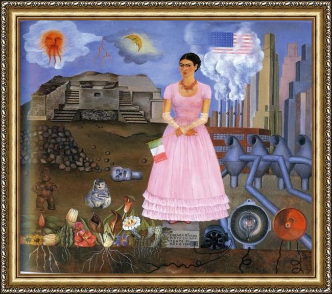Framed Frida Kahlo fridakahlo-self-portrait-on-the-border-line-between-mexico-and-the-united-states-1932 painting