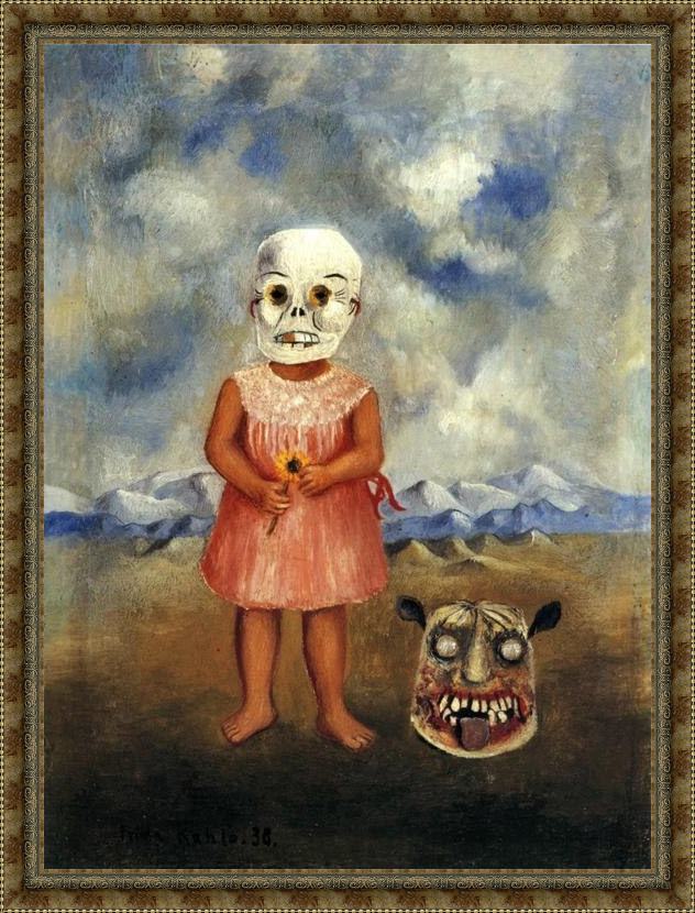Framed Frida Kahlo girl with death mask painting