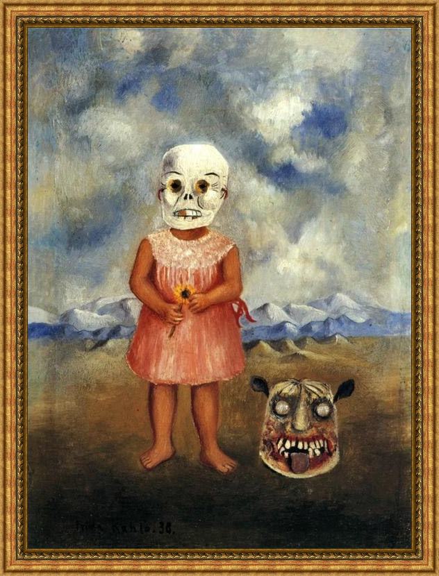 Framed Frida Kahlo girl with death mask painting