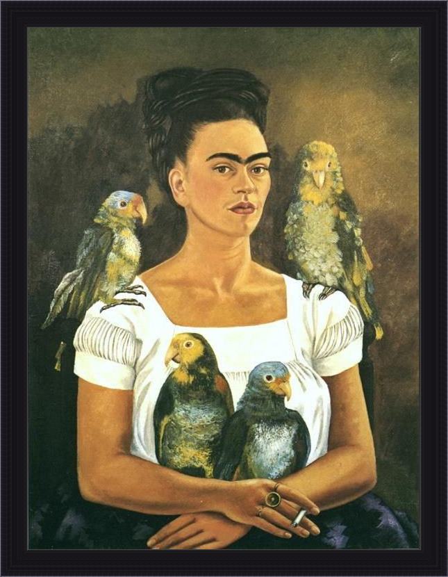 Framed Frida Kahlo me and my parrots painting
