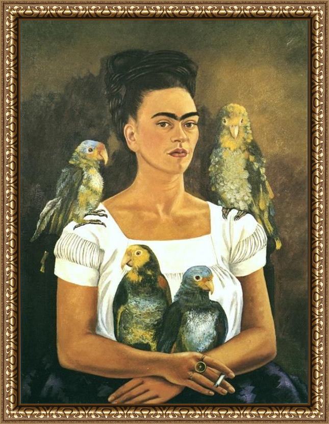 Framed Frida Kahlo me and my parrots painting