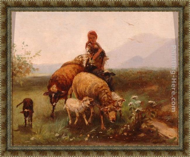 Framed Friedrich Otto Gebler shepherdess painting