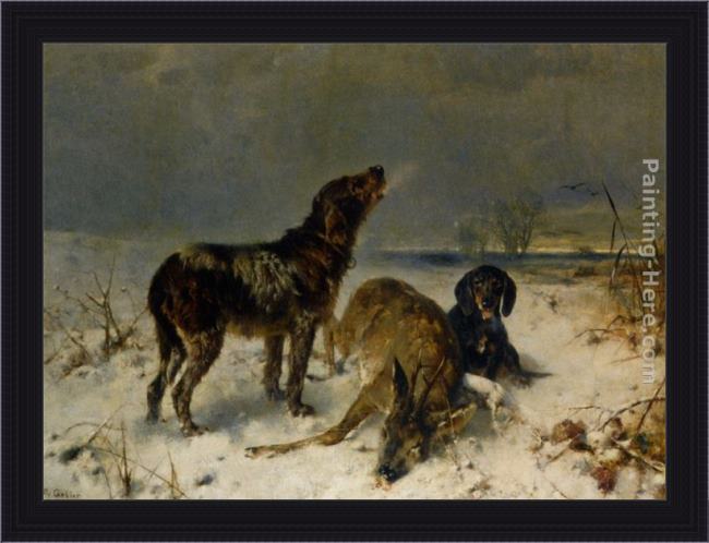 Framed Friedrich Otto Gebler two hunting dogs with their catch painting