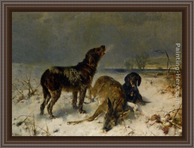 Framed Friedrich Otto Gebler two hunting dogs with their catch painting