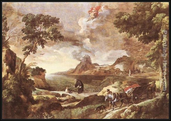 Framed Gaspard Dughet landscape with st augustine and the mystery painting