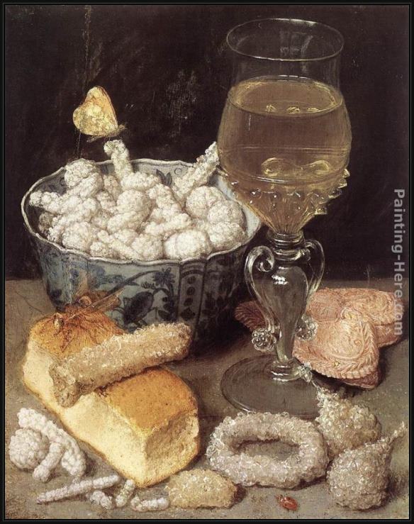 Framed Georg Flegel still-life with bread and confectionary painting