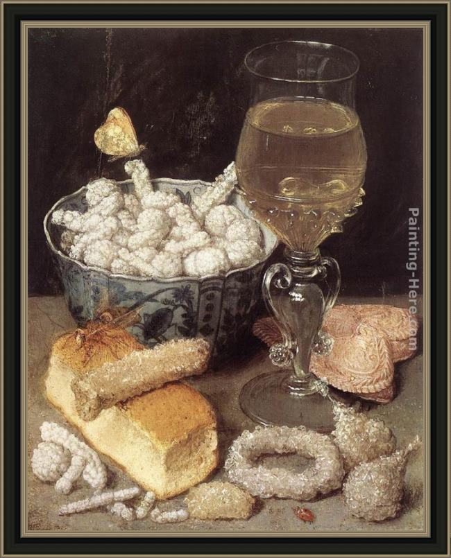 Framed Georg Flegel still-life with bread and confectionary painting