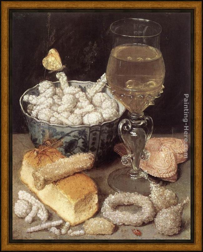 Framed Georg Flegel still-life with bread and confectionary painting