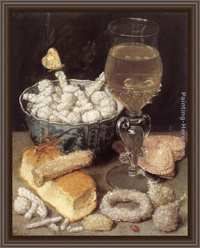 Framed Georg Flegel still-life with bread and confectionary painting