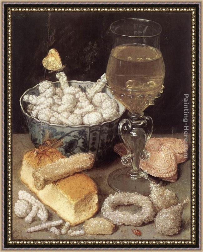 Framed Georg Flegel still-life with bread and confectionary painting