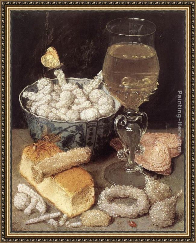 Framed Georg Flegel still-life with bread and confectionary painting