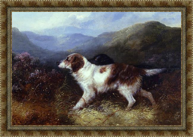 Framed George Armfield two setters in a landscape painting