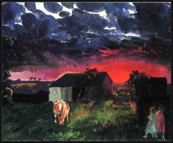 Framed George Bellows red sun painting