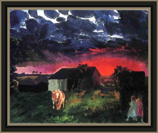 Framed George Bellows red sun painting