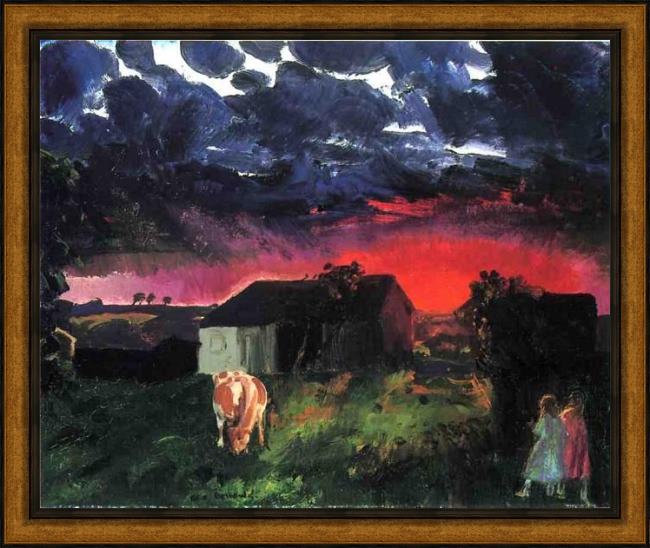 Framed George Bellows red sun painting