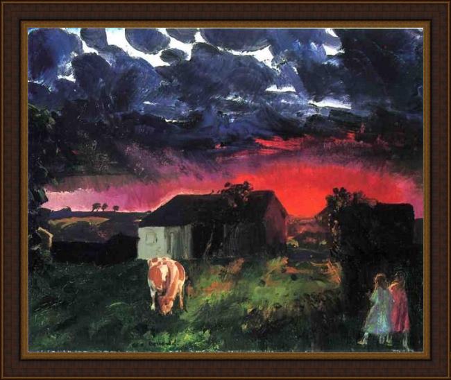 Framed George Bellows red sun painting