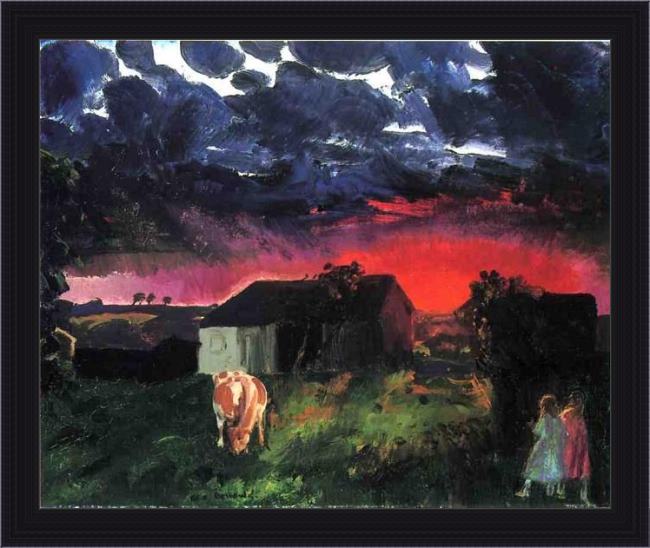 Framed George Bellows red sun painting