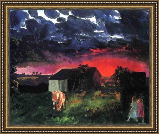 Framed George Bellows red sun painting