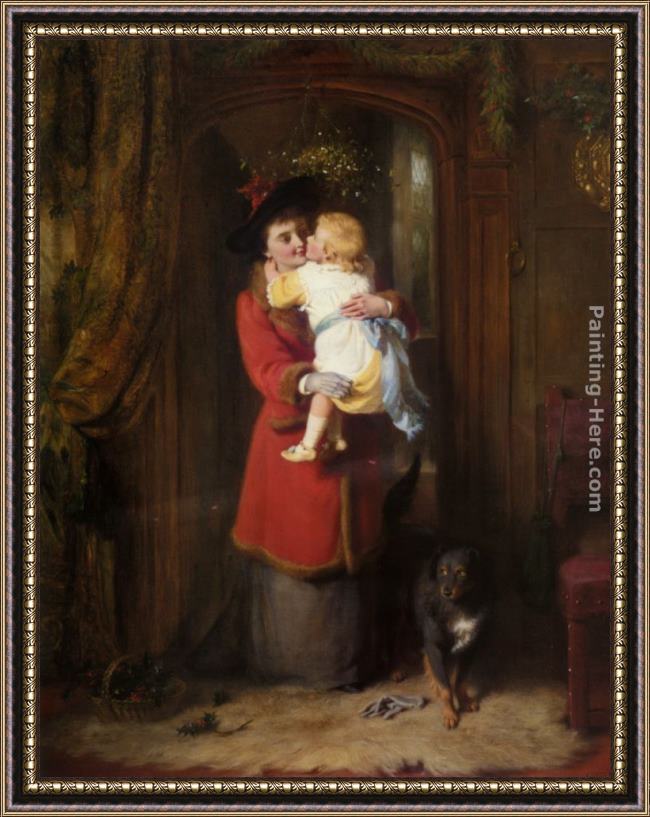 Framed George Bernard O'Neill a christmas kiss painting