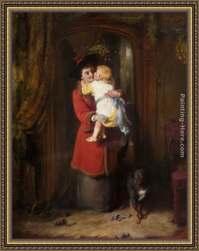 Framed George Bernard O'Neill a christmas kiss painting