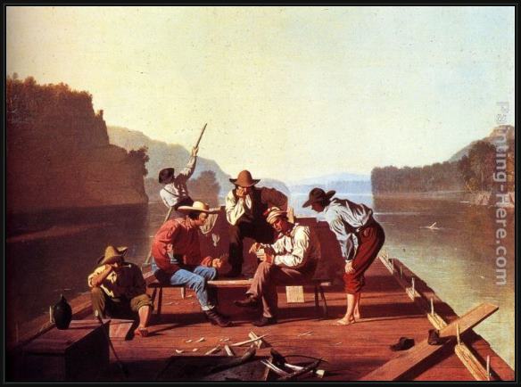 Framed George Caleb Bingham ferrymen playing cards painting