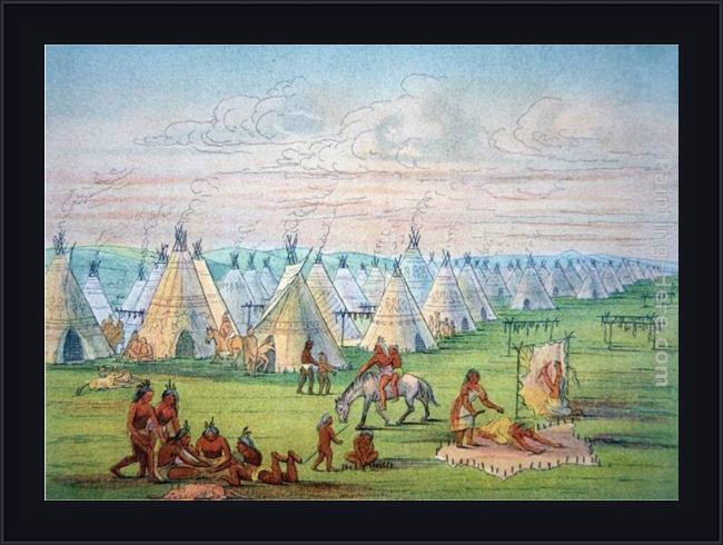 Framed George Catlin sioux camp scene painting