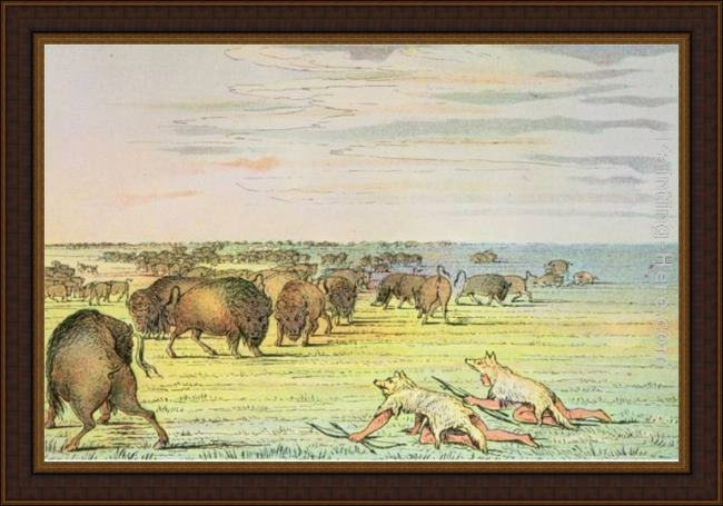 Framed George Catlin stalking buffalo painting