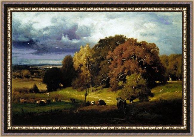 Framed George Inness autumn oaks painting