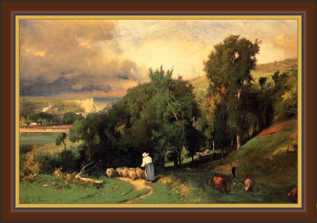 Framed George Inness hillside at etretet painting