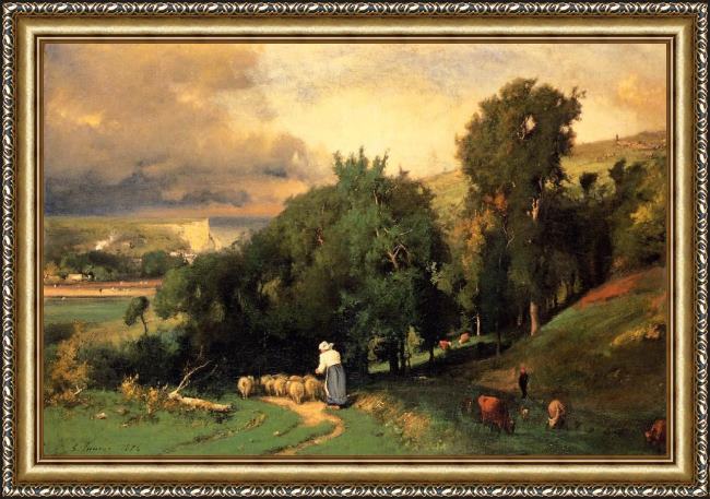 Framed George Inness hillside at etretet painting