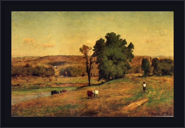 Framed George Inness landscape with figure painting