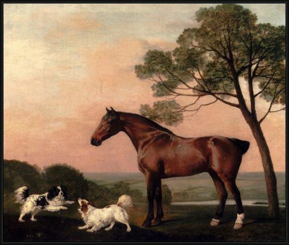 Framed George Stubbs a bay hunter with two spaniels painting