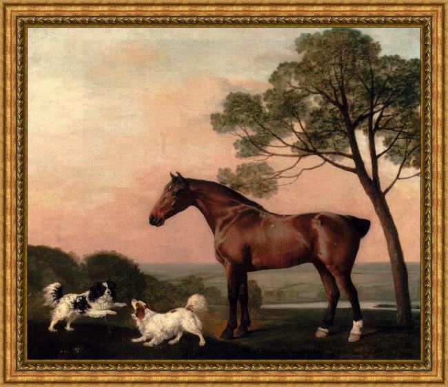 Framed George Stubbs a bay hunter with two spaniels painting