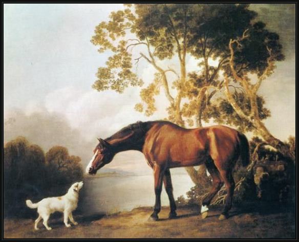 Framed George Stubbs bay horse and white dog painting