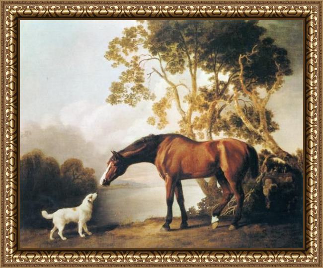Framed George Stubbs bay horse and white dog painting