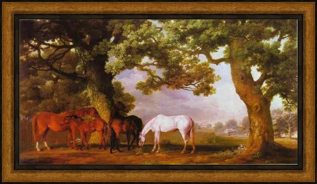 Framed George Stubbs mares and foals in a wooded landscape painting