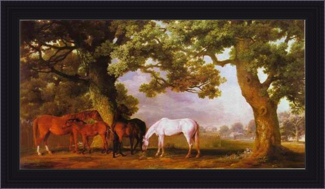 Framed George Stubbs mares and foals in a wooded landscape painting