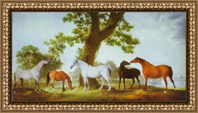 Framed George Stubbs mares by an oak-tree painting