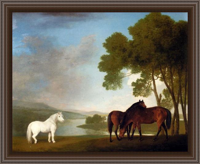 Framed George Stubbs two bay mares and a grey pony in a landscape painting
