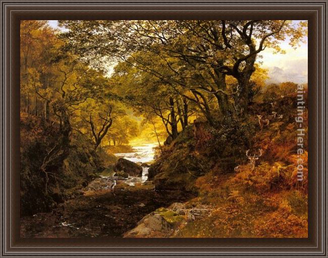 Framed George Vicat Cole deer in a woodland glade painting