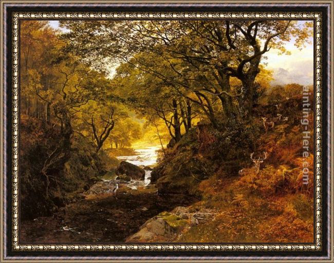 Framed George Vicat Cole deer in a woodland glade painting