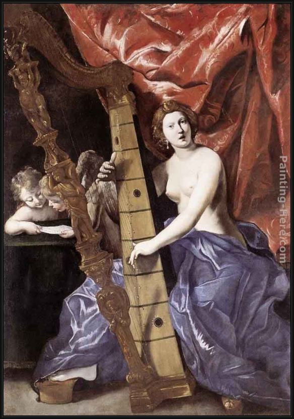 Framed Giovanni Lanfranco venus playing the harp (allegory of music) painting